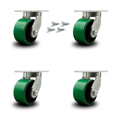 Service Caster 6 Inch Heavy Duty Green Poly on Cast Iron Caster Set with Swivel Locks, 4PK SCC-KP92S630-PUR-GB-BSL-4
